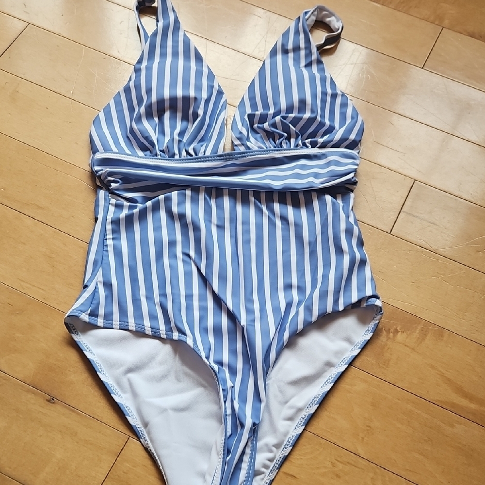 Blue and White Striped One Piece Swimsuit with Plunging V-Neck
